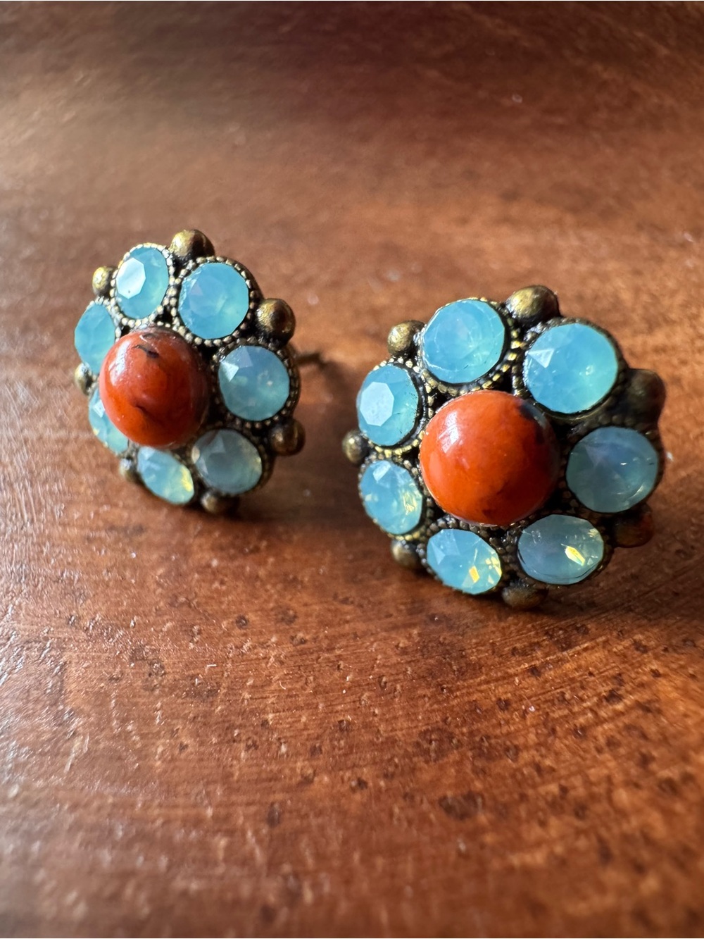 Michal Negrin Red Stone Earrings Post Stud Floral Blue Crystal Rhinestone